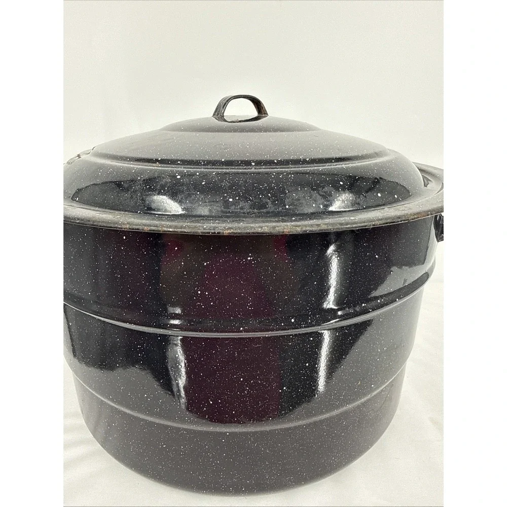 Speckled Black Enamel Graniteware Stock Pot With Lid Steamer 21 Qt  XLG Vintage
